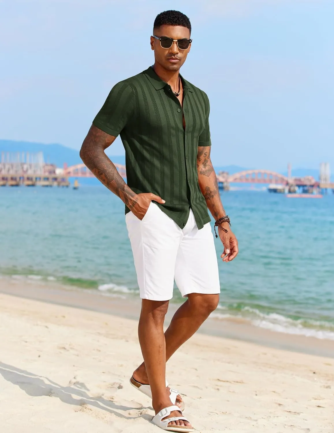 COOFANDY Men's Knit Polo Shirt Vintage Button Down Shirt Short Sleeve Hawaiian Shirt 2025 Summer Fashion Beach Shirts