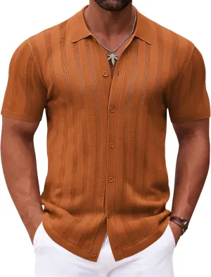 COOFANDY Men's Knit Polo Shirt Vintage Button Down Shirt Short Sleeve Hawaiian Shirt 2025 Summer Fashion Beach Shirts