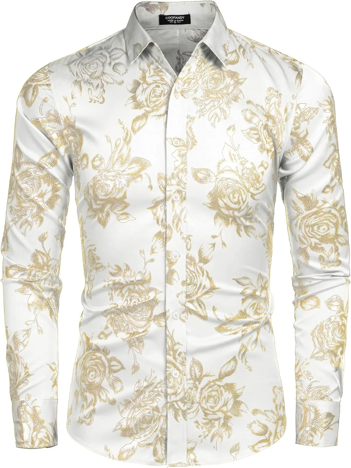 COOFANDY Men's Rose Shiny Shirt Luxury Flowered Printed Button Down Shirt