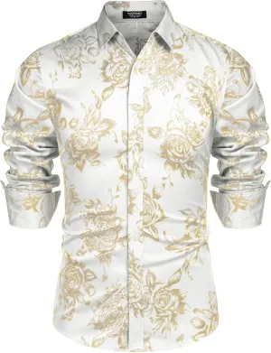 COOFANDY Men's Rose Shiny Shirt Luxury Flowered Printed Button Down Shirt
