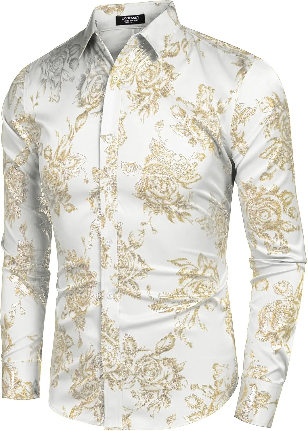 COOFANDY Men's Rose Shiny Shirt Luxury Flowered Printed Button Down Shirt