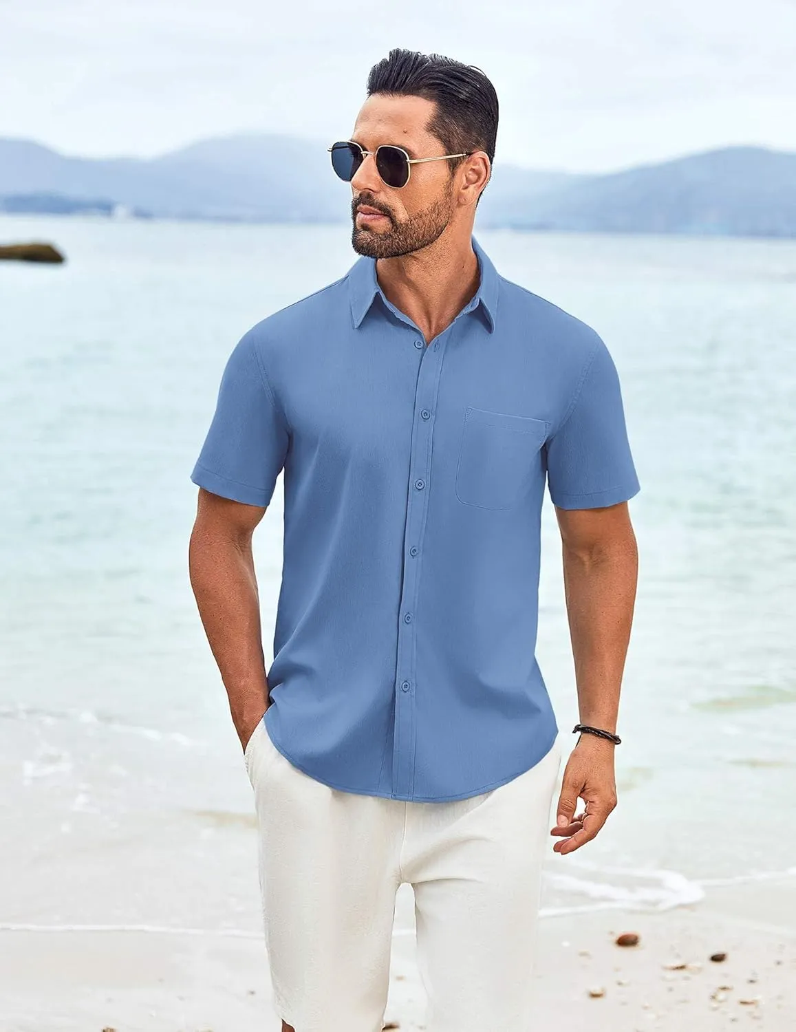 COOFANDY Shirts for Men Short Sleeve Button Down Shirt Casual Summer Beach Shirt