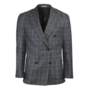 CORNELIANI Double Breasted Wool Check Gate Jacket CHARCOAL