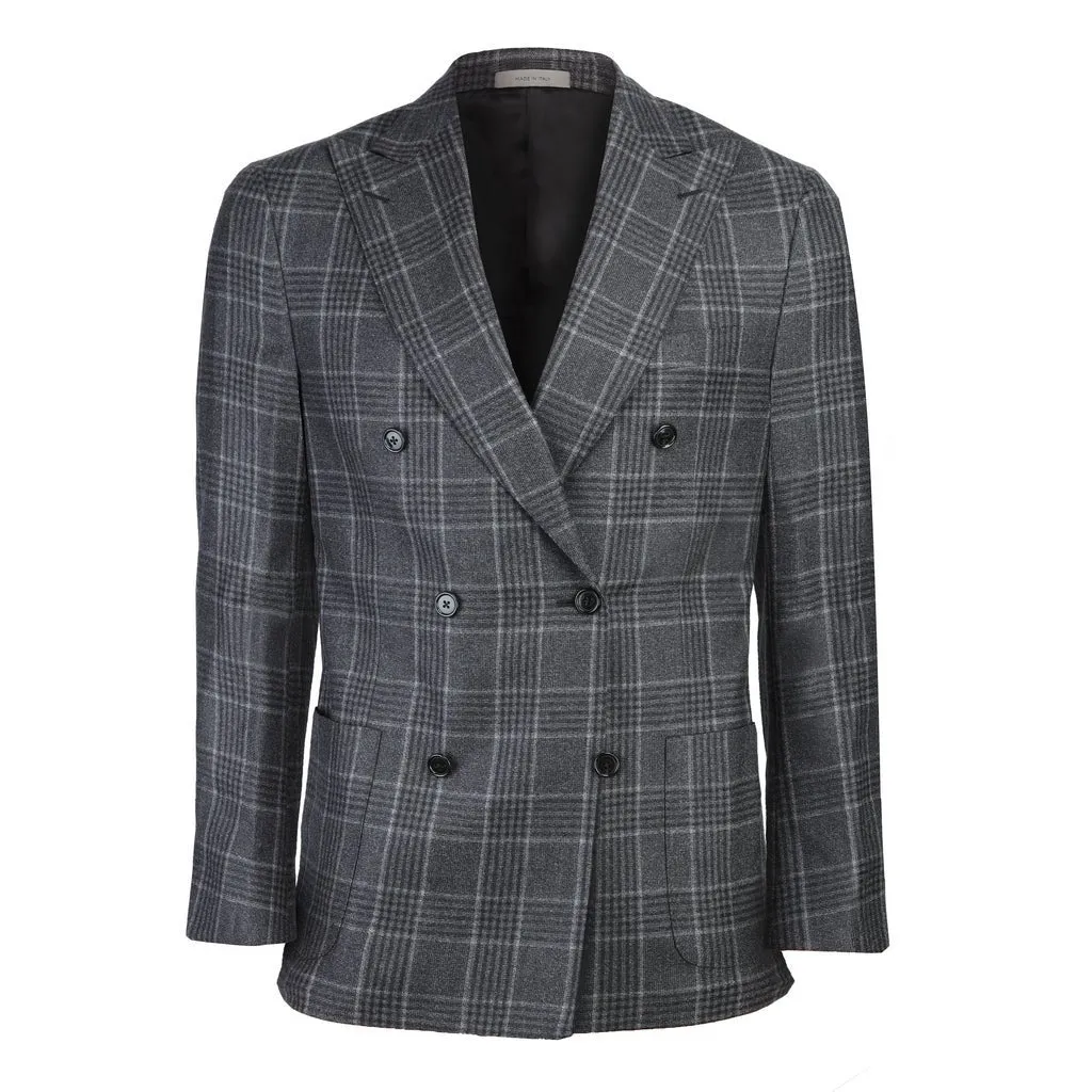 CORNELIANI Double Breasted Wool Check Gate Jacket CHARCOAL