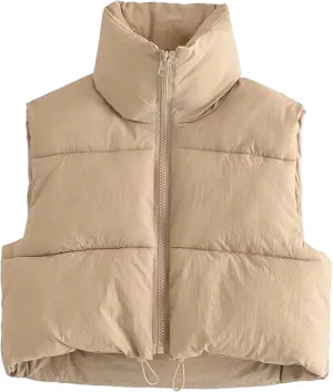Daacee Women's Lightweight Winter Crop Puffer Vest Warm Sleeveless Zip Up Stand Collar Padded Gilet