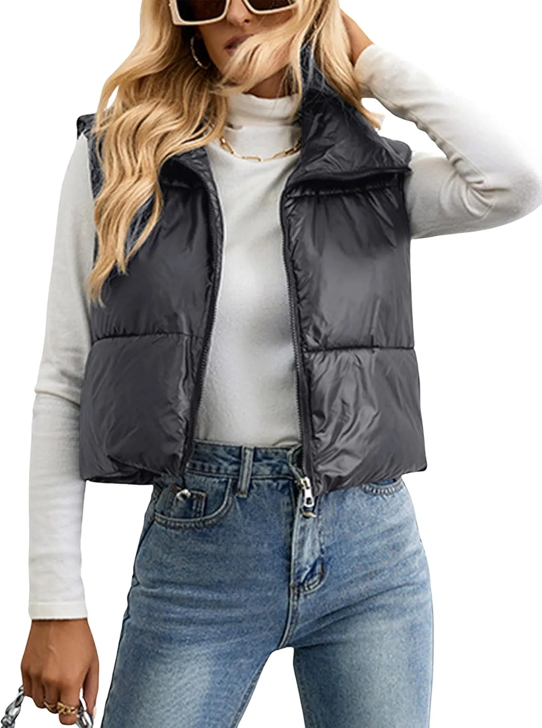 Daacee Women's Lightweight Winter Crop Puffer Vest Warm Sleeveless Zip Up Stand Collar Padded Gilet