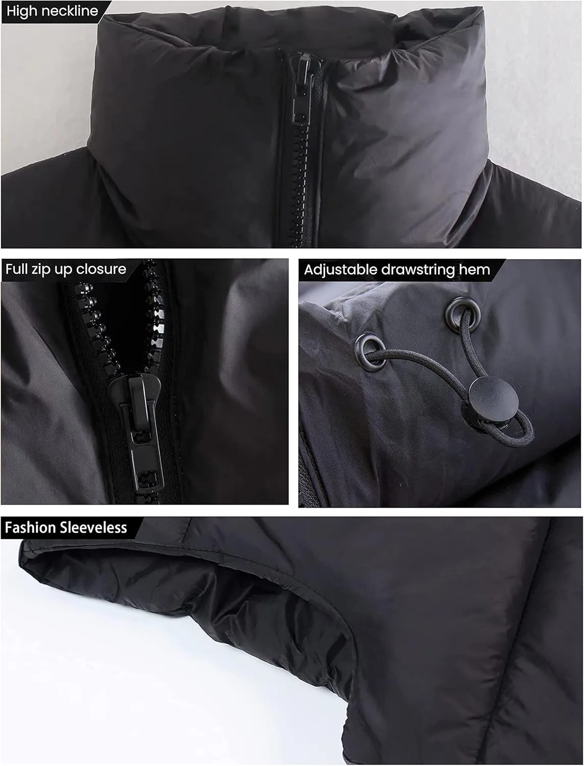 Daacee Women's Lightweight Winter Crop Puffer Vest Warm Sleeveless Zip Up Stand Collar Padded Gilet