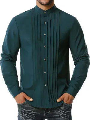 DGHM-JLMY Men Business Pleated Henry Collar Long Sleeve Shirt Slim Fit Pleated Tuxedo Wedding Shirt Solid Party Dress Shirt