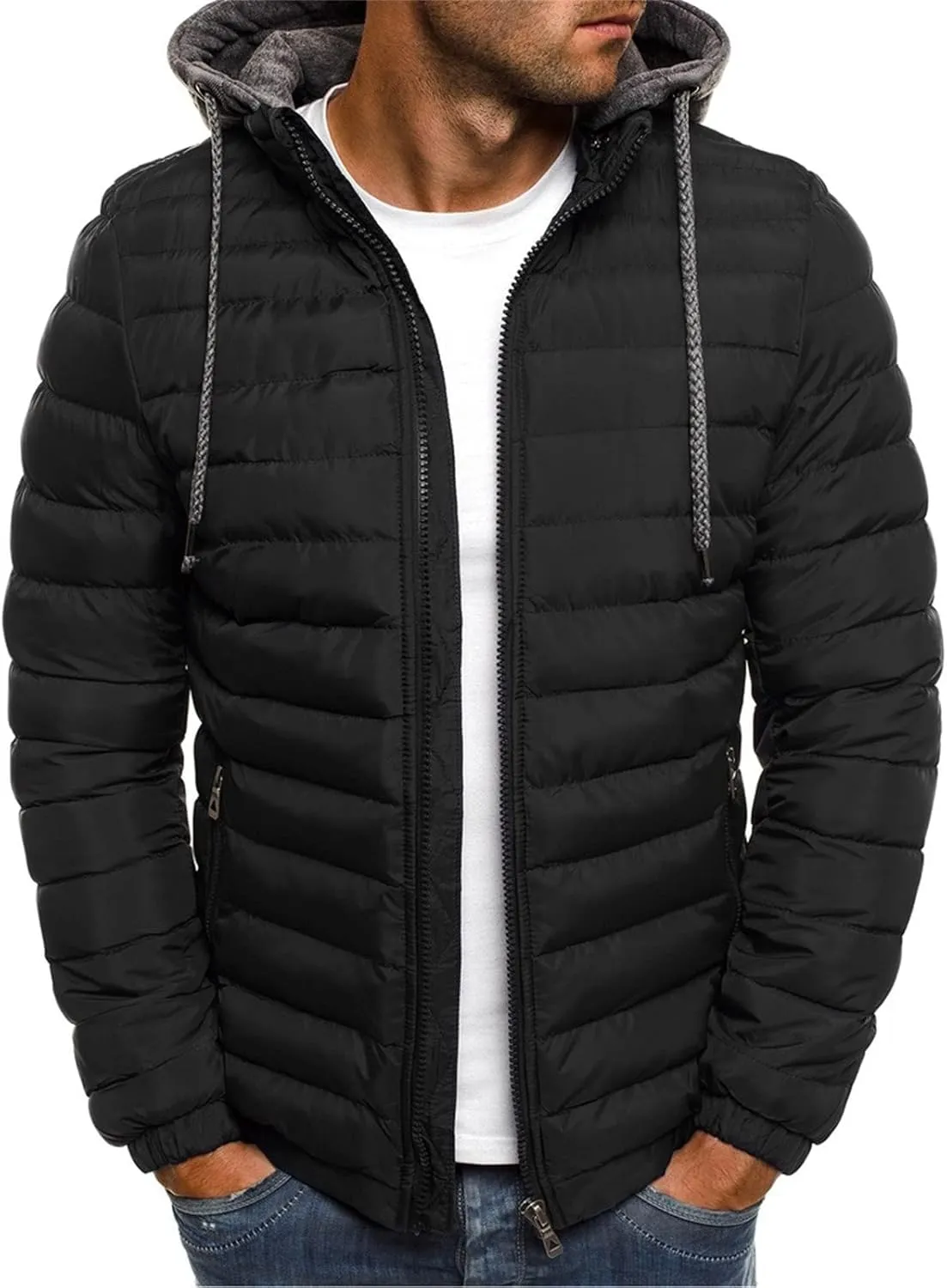 Dgoopd Men's Packable Puffer Jacket Detachable Hood Lightweight Winter Jacket Down Bubble Coat Winter Quilted Padded Jacket