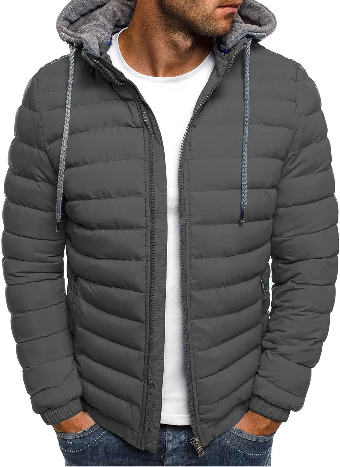 Down Jacket Men Winter Jackets Packable Lightweight Jacket Long Sleeve Zip Up Fuzzy Winter Jackets with Hood