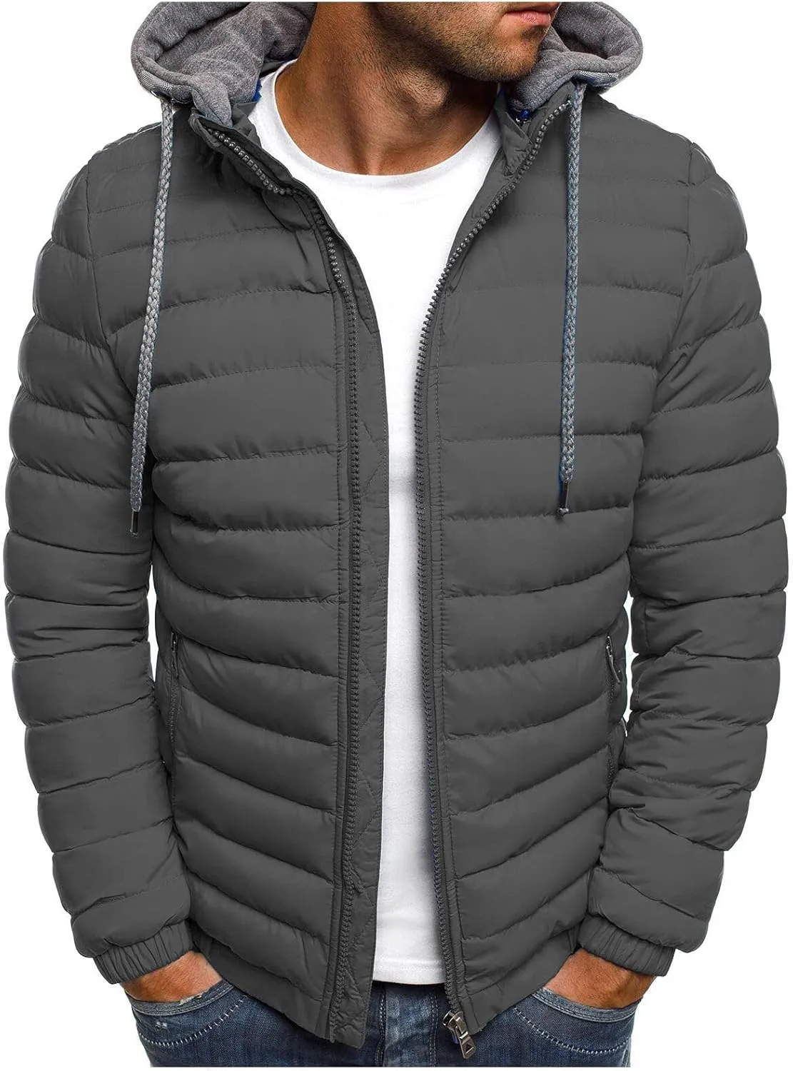 Down Jacket Men Winter Jackets Packable Lightweight Jacket Long Sleeve Zip Up Fuzzy Winter Jackets with Hood