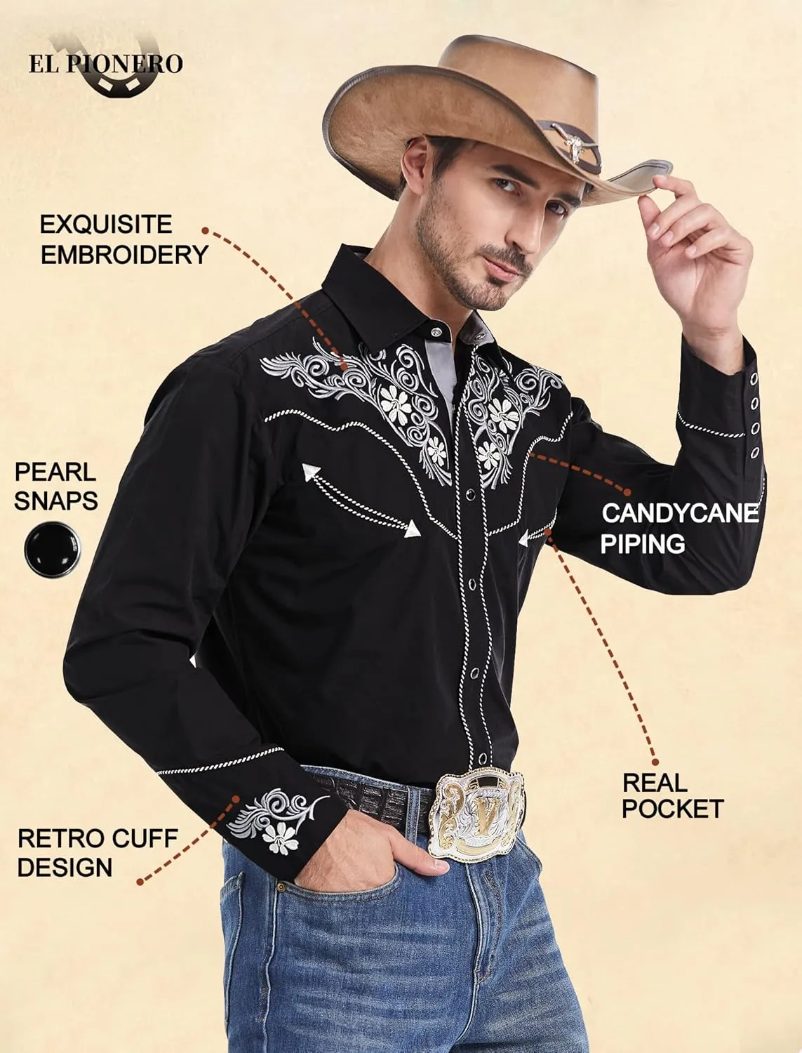 EL PIONERO Men's Western Shirt Long Sleeve Embroidered Cowboy Casual Snap Button Shirt