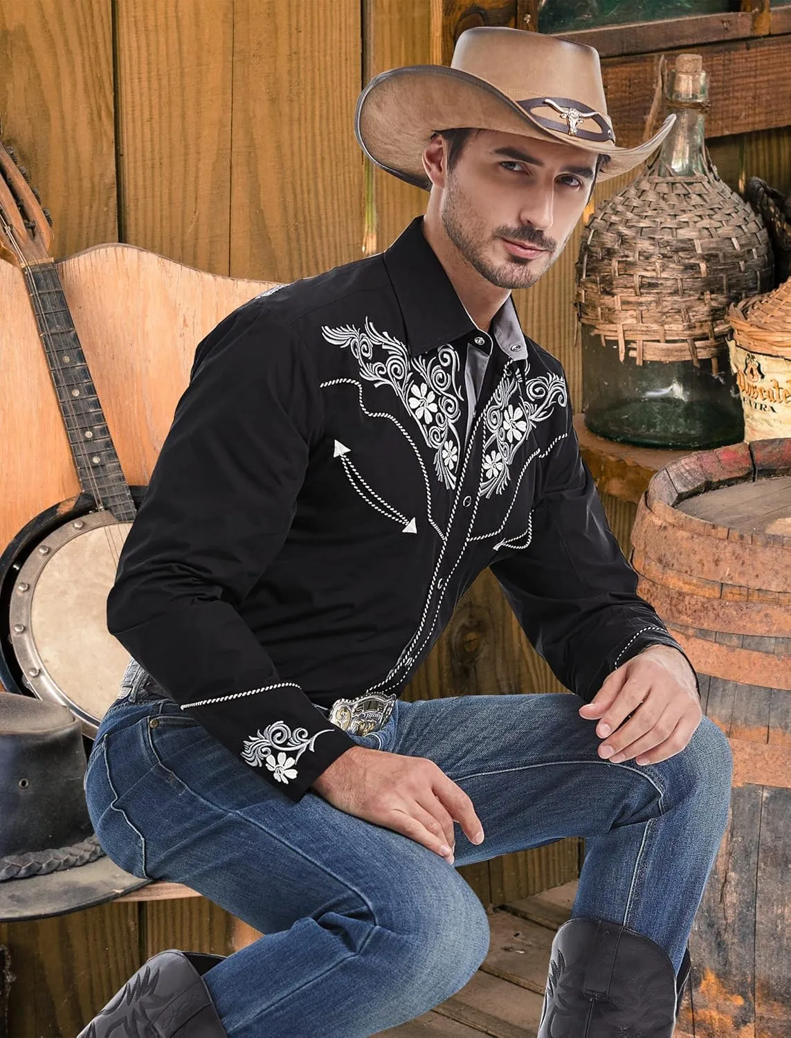 EL PIONERO Men's Western Shirt Long Sleeve Embroidered Cowboy Casual Snap Button Shirt