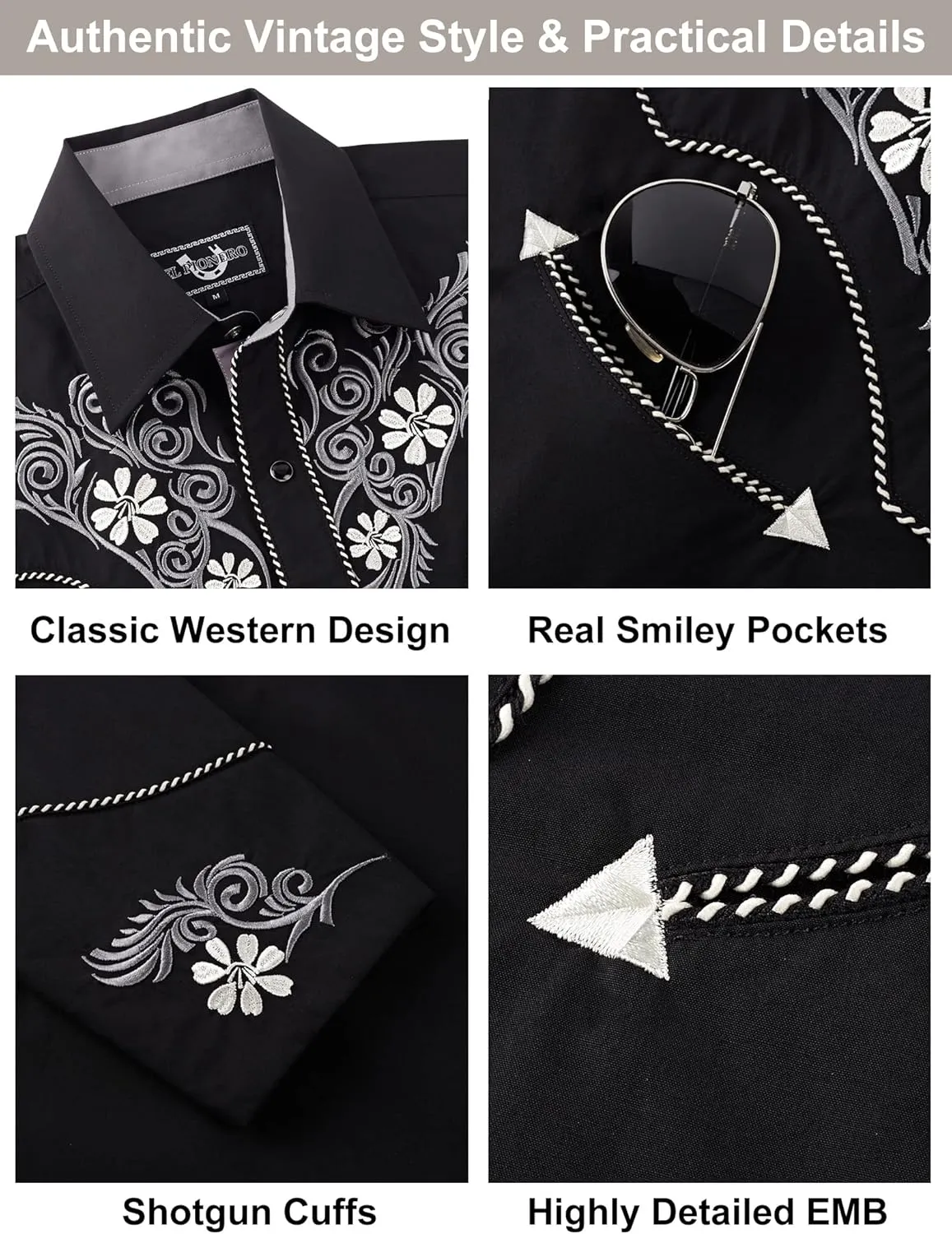 EL PIONERO Men's Western Shirt Long Sleeve Embroidered Cowboy Casual Snap Button Shirt