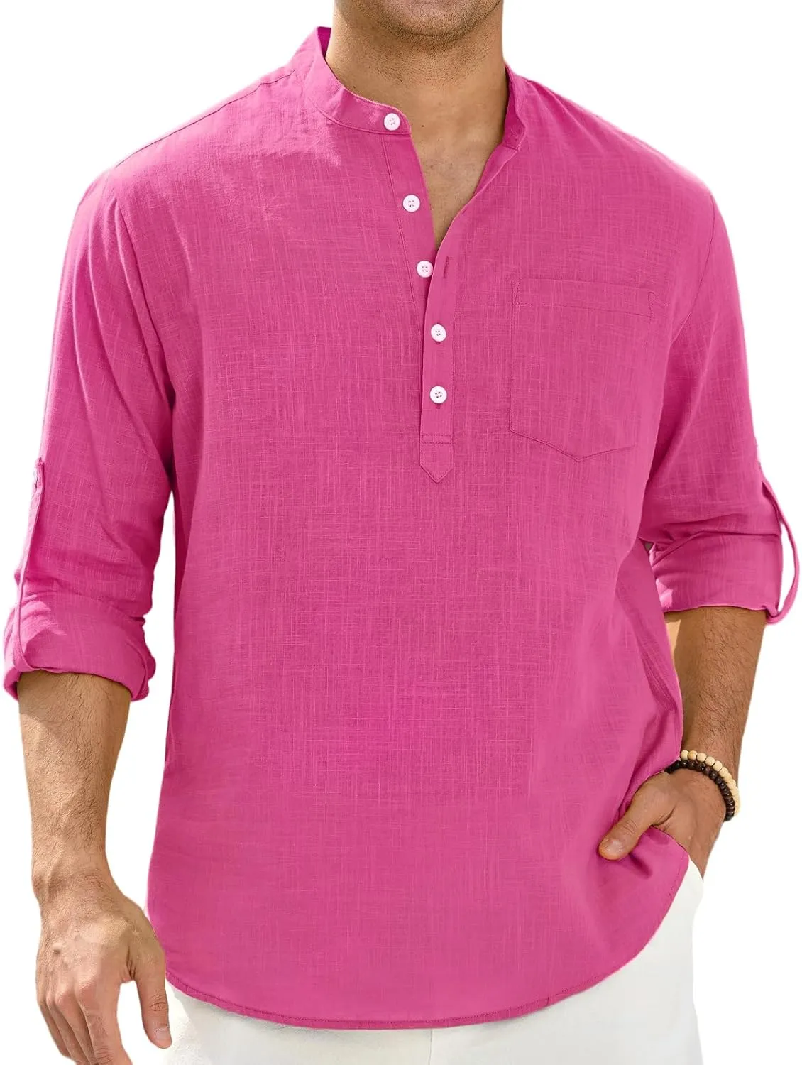 Enlision Mens Cotton Linen Henley Shirts Long Sleeve Casual Shirt Summer Beach Hippie T-Shirt Band Collar Shirt & Pocket