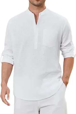 Enlision Mens Cotton Linen Henley Shirts Long Sleeve Casual Shirt Summer Beach Hippie T-Shirt Band Collar Shirt & Pocket