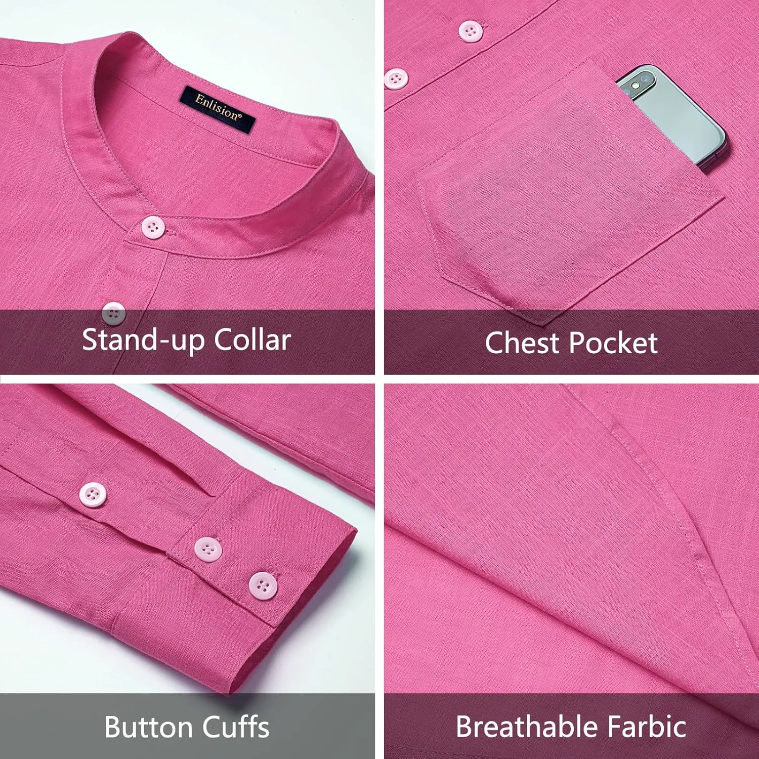 Enlision Mens Cotton Linen Henley Shirts Long Sleeve Casual Shirt Summer Beach Hippie T-Shirt Band Collar Shirt & Pocket