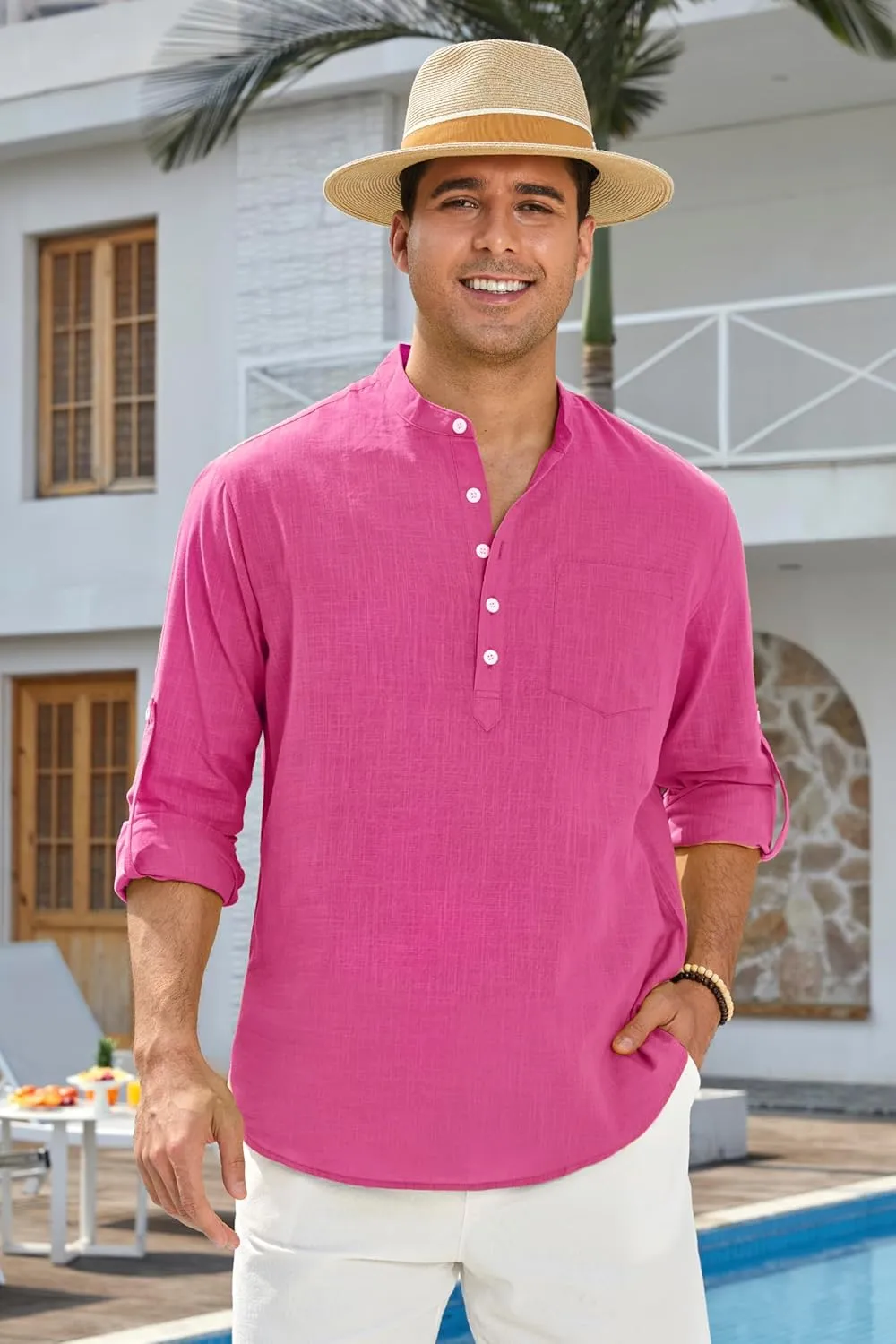 Enlision Mens Cotton Linen Henley Shirts Long Sleeve Casual Shirt Summer Beach Hippie T-Shirt Band Collar Shirt & Pocket