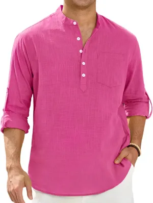 Enlision Mens Cotton Linen Henley Shirts Long Sleeve Casual Shirt Summer Beach Hippie T-Shirt Band Collar Shirt & Pocket