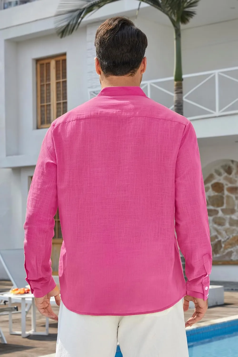 Enlision Mens Cotton Linen Henley Shirts Long Sleeve Casual Shirt Summer Beach Hippie T-Shirt Band Collar Shirt & Pocket