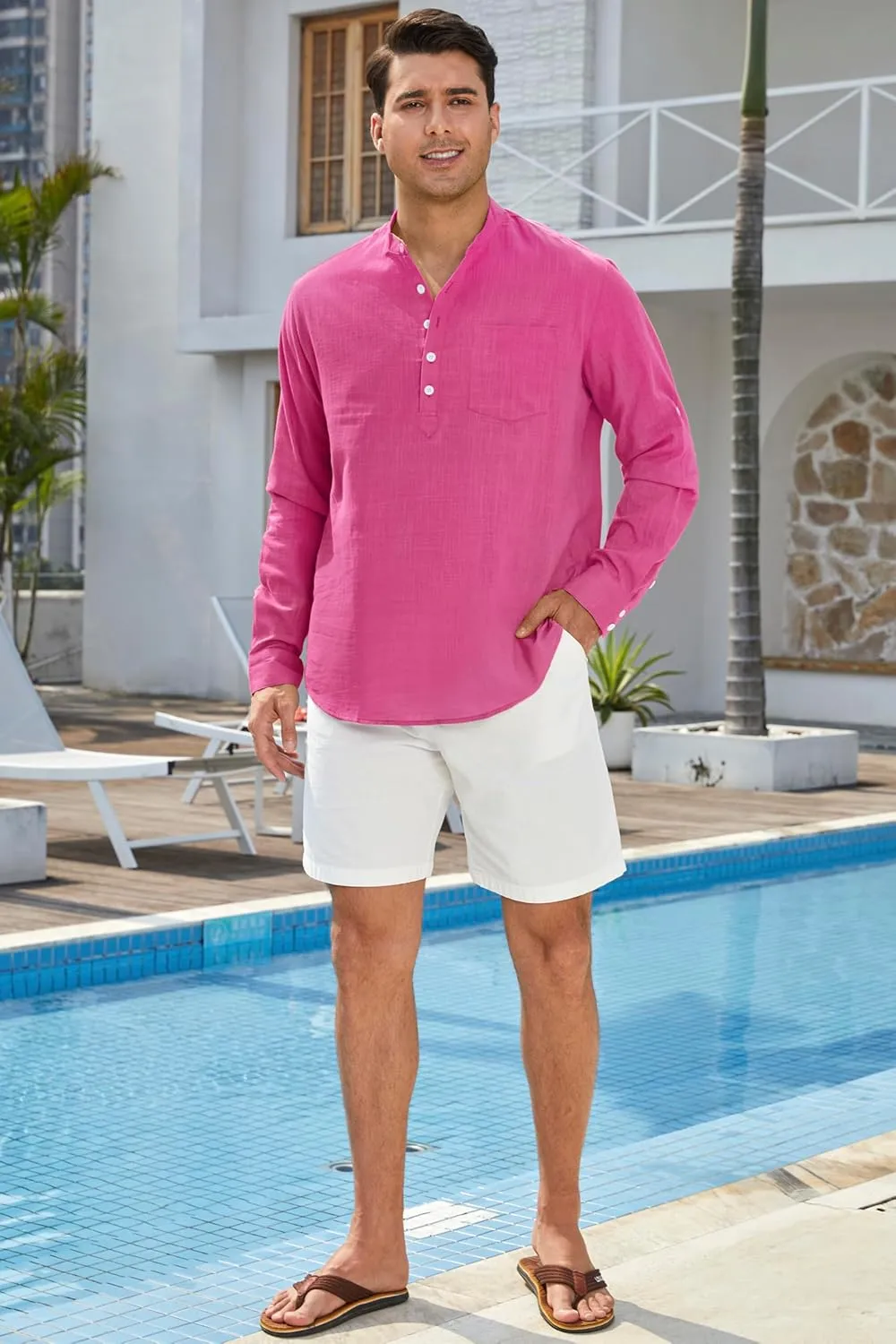 Enlision Mens Cotton Linen Henley Shirts Long Sleeve Casual Shirt Summer Beach Hippie T-Shirt Band Collar Shirt & Pocket