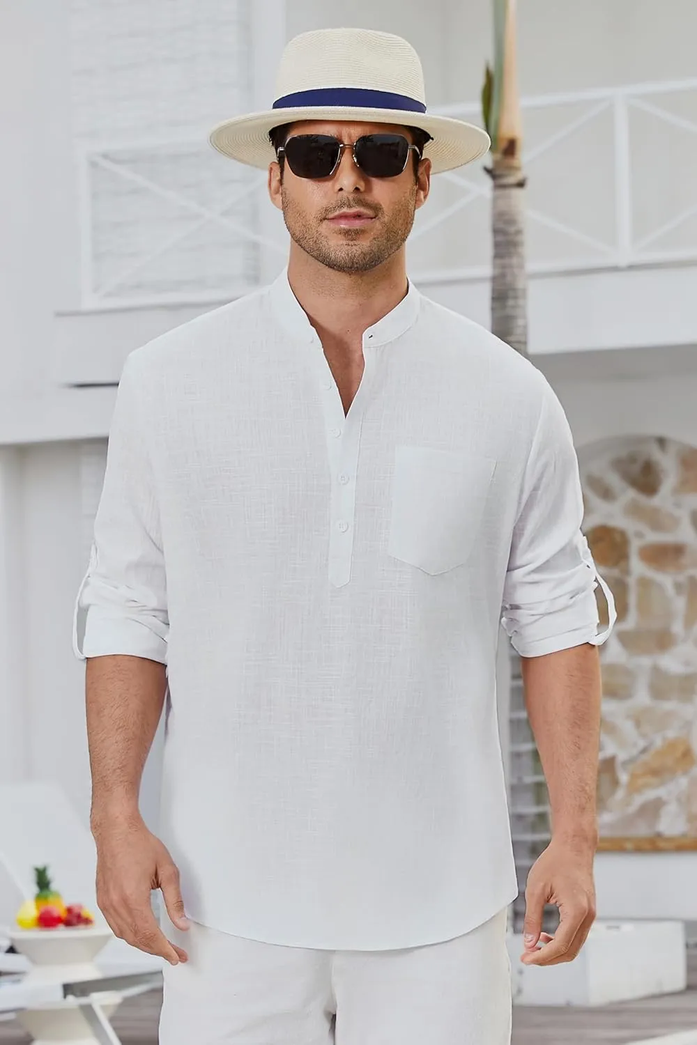 Enlision Mens Cotton Linen Henley Shirts Long Sleeve Casual Shirt Summer Beach Hippie T-Shirt Band Collar Shirt & Pocket