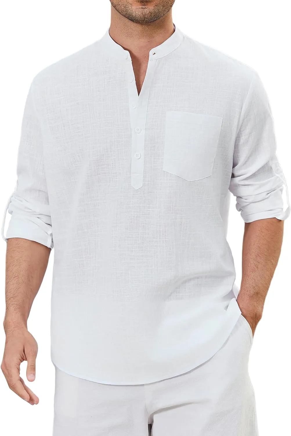 Enlision Mens Cotton Linen Henley Shirts Long Sleeve Casual Shirt Summer Beach Hippie T-Shirt Band Collar Shirt & Pocket
