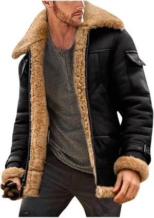 evzosrz Mens Shearling Faux Leather Winter Coats Faux Suede Sherpa Lined Lapel Thicken Warm Sheepskin Jacket Outwear Pockets