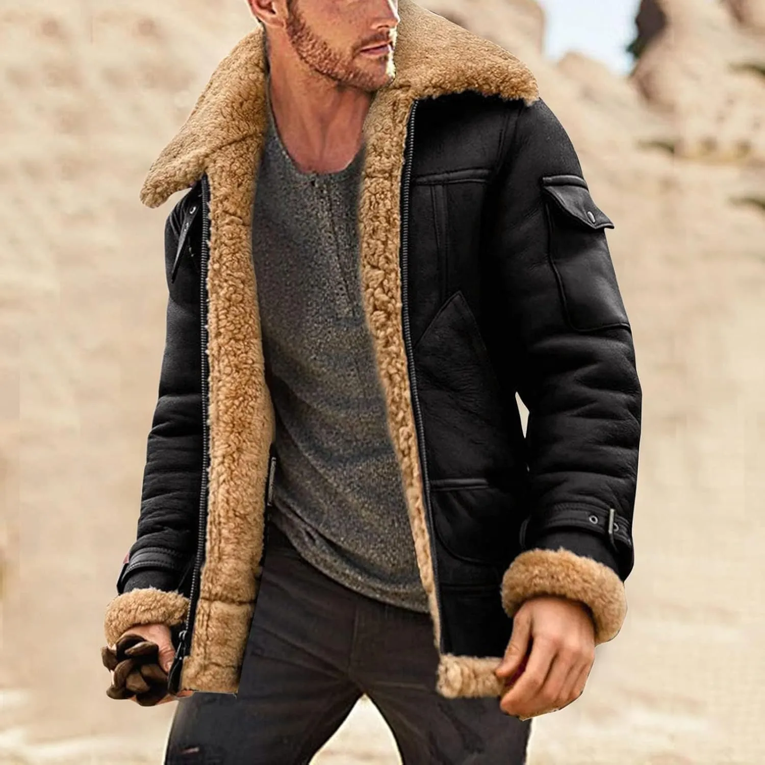 evzosrz Mens Shearling Faux Leather Winter Coats Faux Suede Sherpa Lined Lapel Thicken Warm Sheepskin Jacket Outwear Pockets