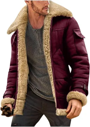 evzosrz Mens Shearling Faux Leather Winter Coats Faux Suede Sherpa Lined Lapel Thicken Warm Sheepskin Jacket Outwear Pockets