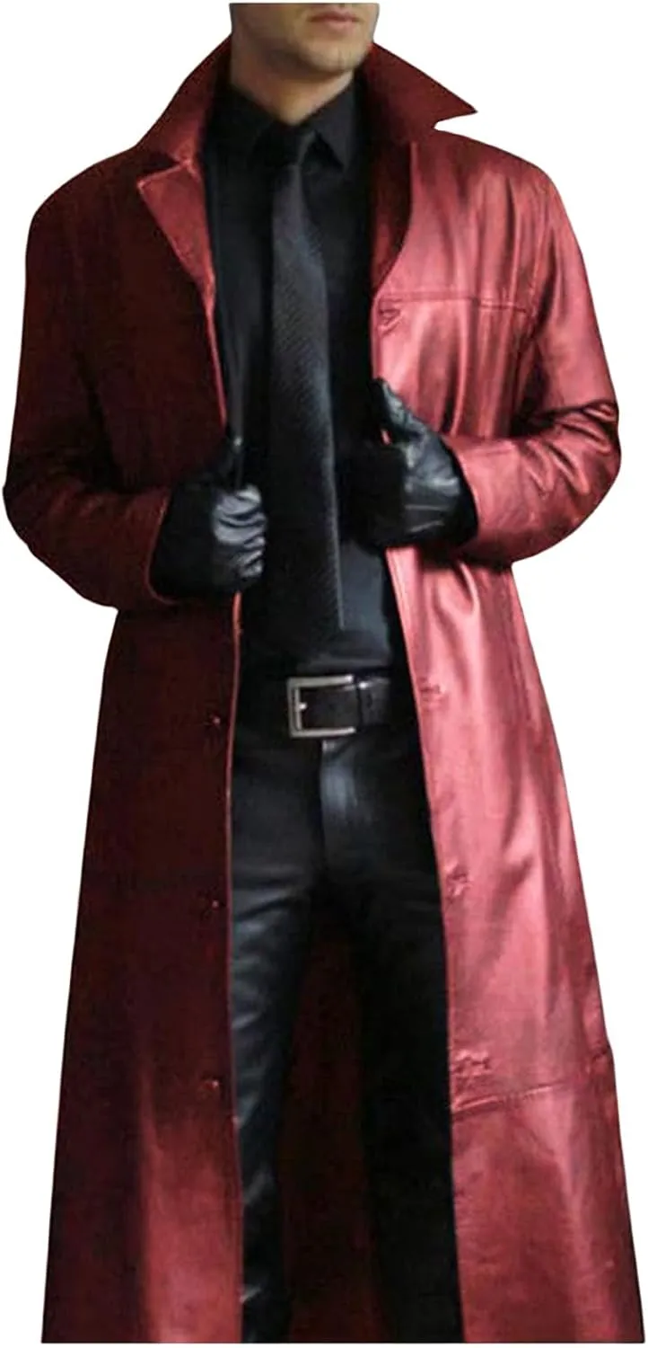 Faux Leather Jacket Men Full Length Trench Coat Notched Collar Long Jacket Vintage Motorcycle Coats Steampunk Overcoat
