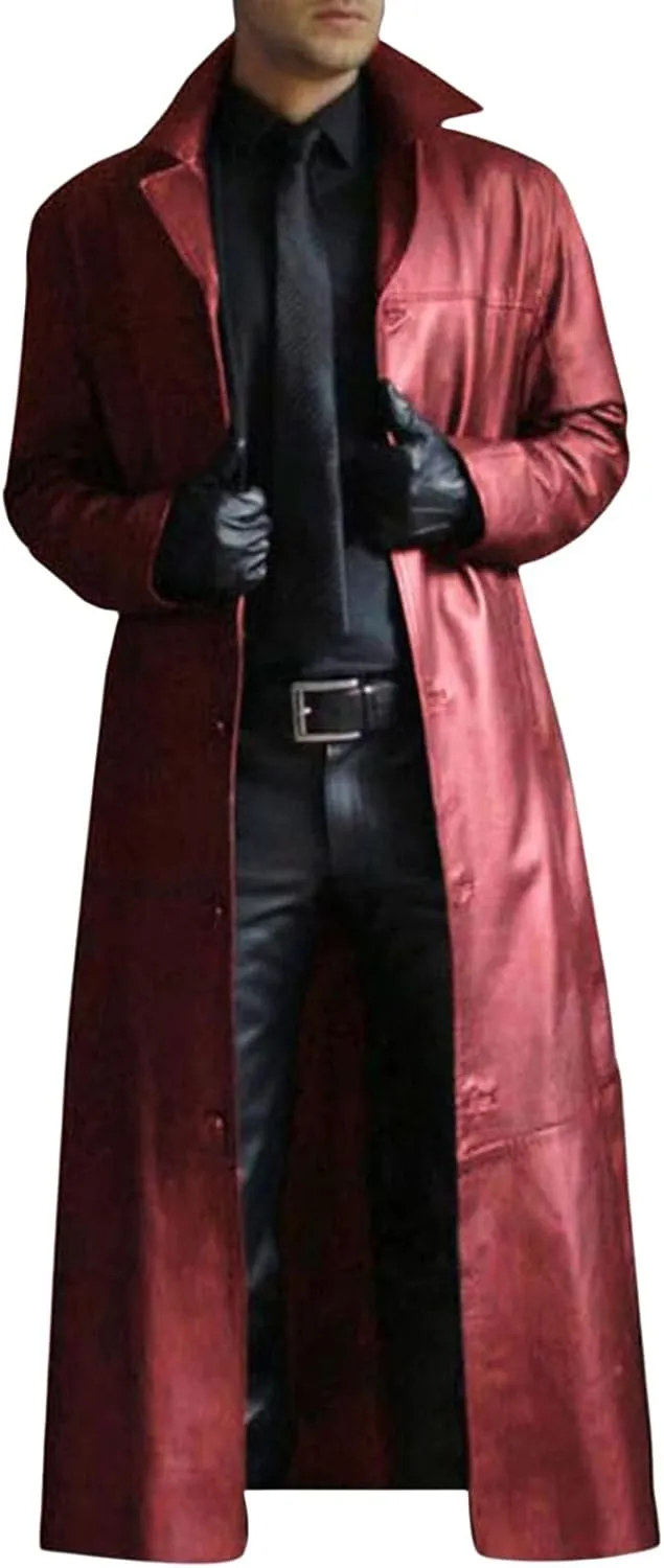 Faux Leather Jacket Men Full Length Trench Coat Notched Collar Long Jacket Vintage Motorcycle Coats Steampunk Overcoat