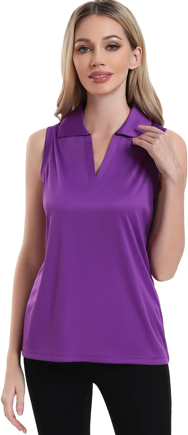 Femdouce 3 Pack Sleeveless Golf Polo Shirt for Women Quick Dry Golf Shirt Sleeveless V Neck Polo Shirt Lightweight