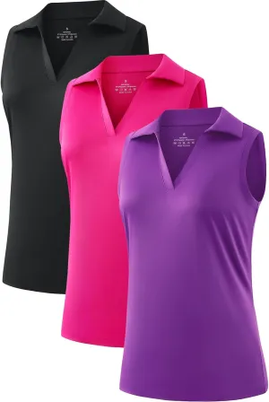 Femdouce 3 Pack Sleeveless Golf Polo Shirt for Women Quick Dry Golf Shirt Sleeveless V Neck Polo Shirt Lightweight
