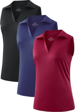 Femdouce 3 Pack Sleeveless Golf Polo Shirt for Women Quick Dry Golf Shirt Sleeveless V Neck Polo Shirt Lightweight