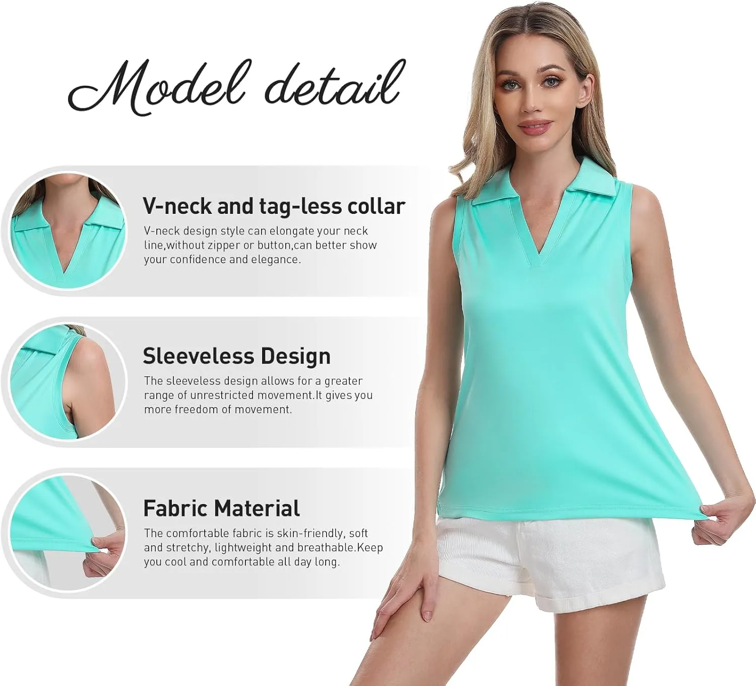 Femdouce 3 Pack Sleeveless Golf Polo Shirt for Women Quick Dry Golf Shirt Sleeveless V Neck Polo Shirt Lightweight