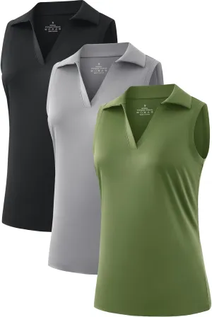 Femdouce 3 Pack Sleeveless Golf Polo Shirt for Women Quick Dry Golf Shirt Sleeveless V Neck Polo Shirt Lightweight