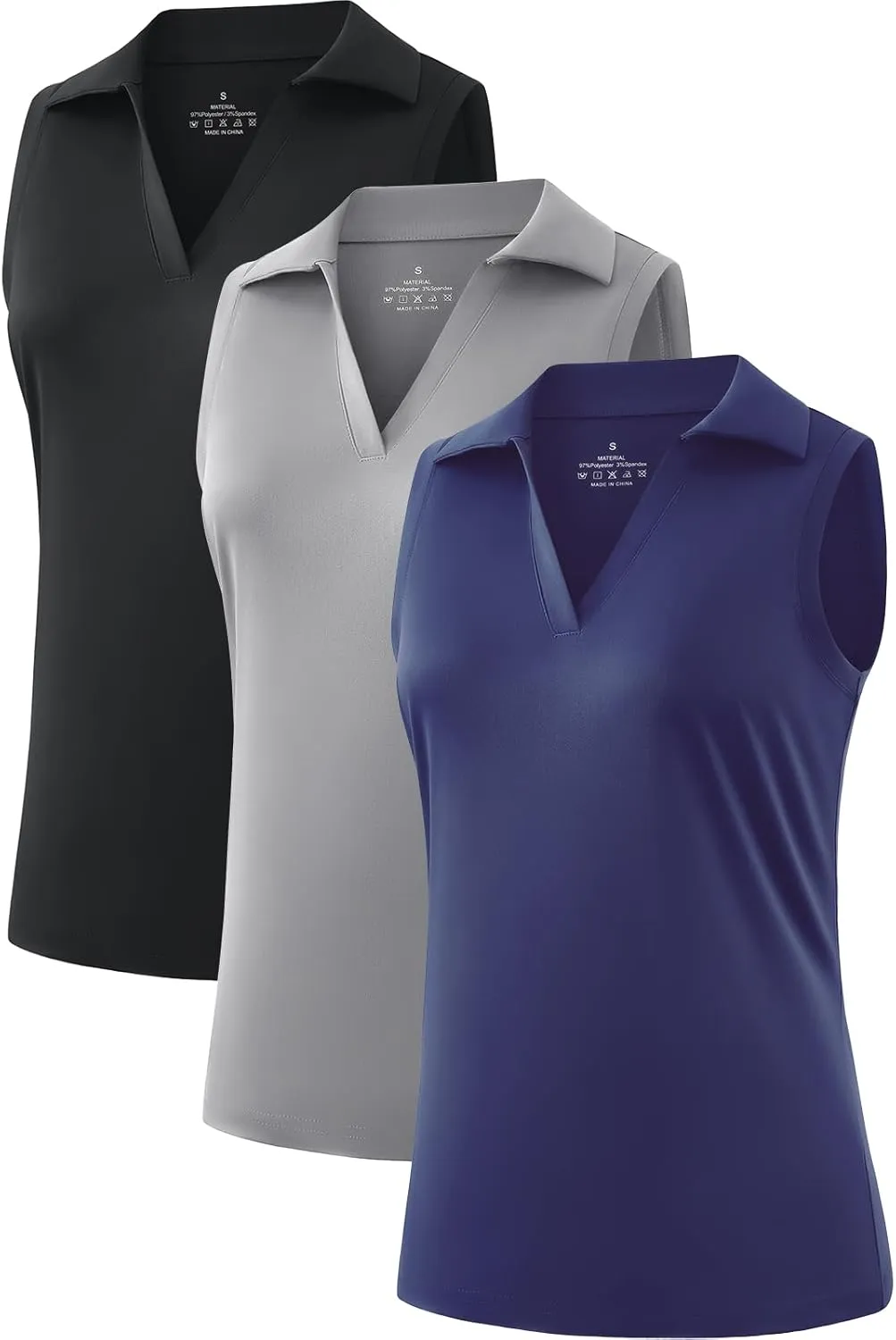 Femdouce 3 Pack Sleeveless Golf Polo Shirt for Women Quick Dry Golf Shirt Sleeveless V Neck Polo Shirt Lightweight