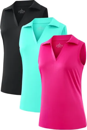 Femdouce 3 Pack Sleeveless Golf Polo Shirt for Women Quick Dry Golf Shirt Sleeveless V Neck Polo Shirt Lightweight