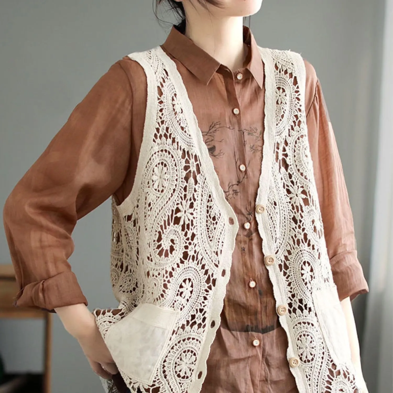 FindThy Womens Hollow Out Crochet Vest Button Up V Neck Stitch Cardigan Boho Waistcoat Shrug
