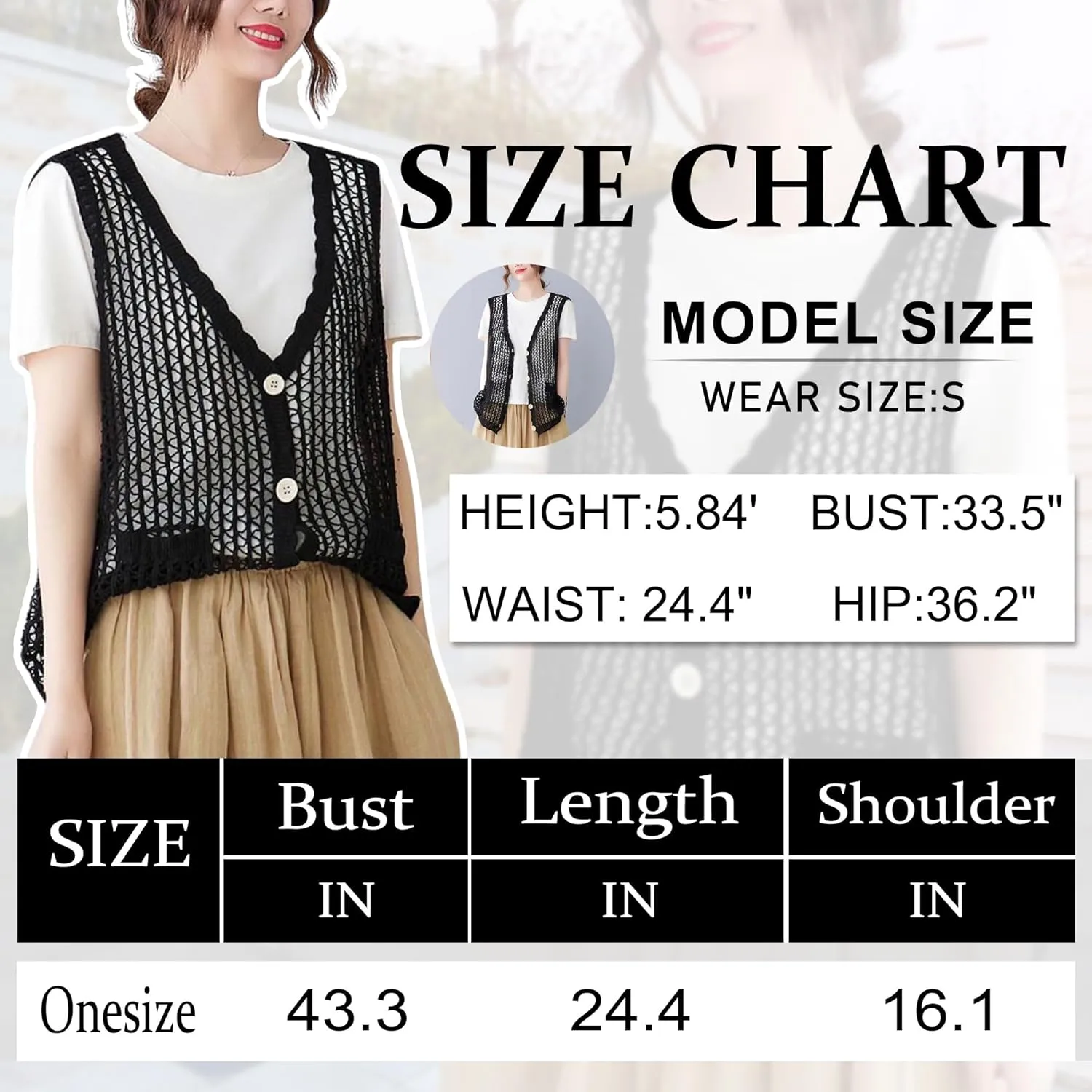 FindThy Womens Hollow Out Crochet Vest Button Up V Neck Stitch Cardigan Boho Waistcoat Shrug