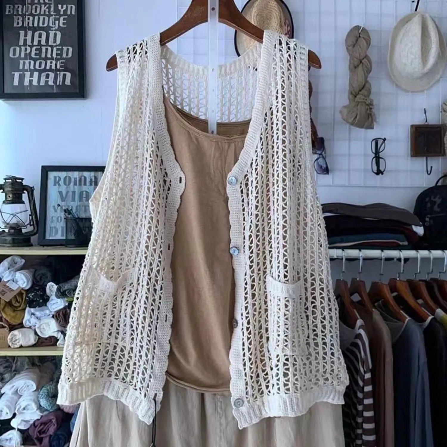 FindThy Womens Hollow Out Crochet Vest Button Up V Neck Stitch Cardigan Boho Waistcoat Shrug