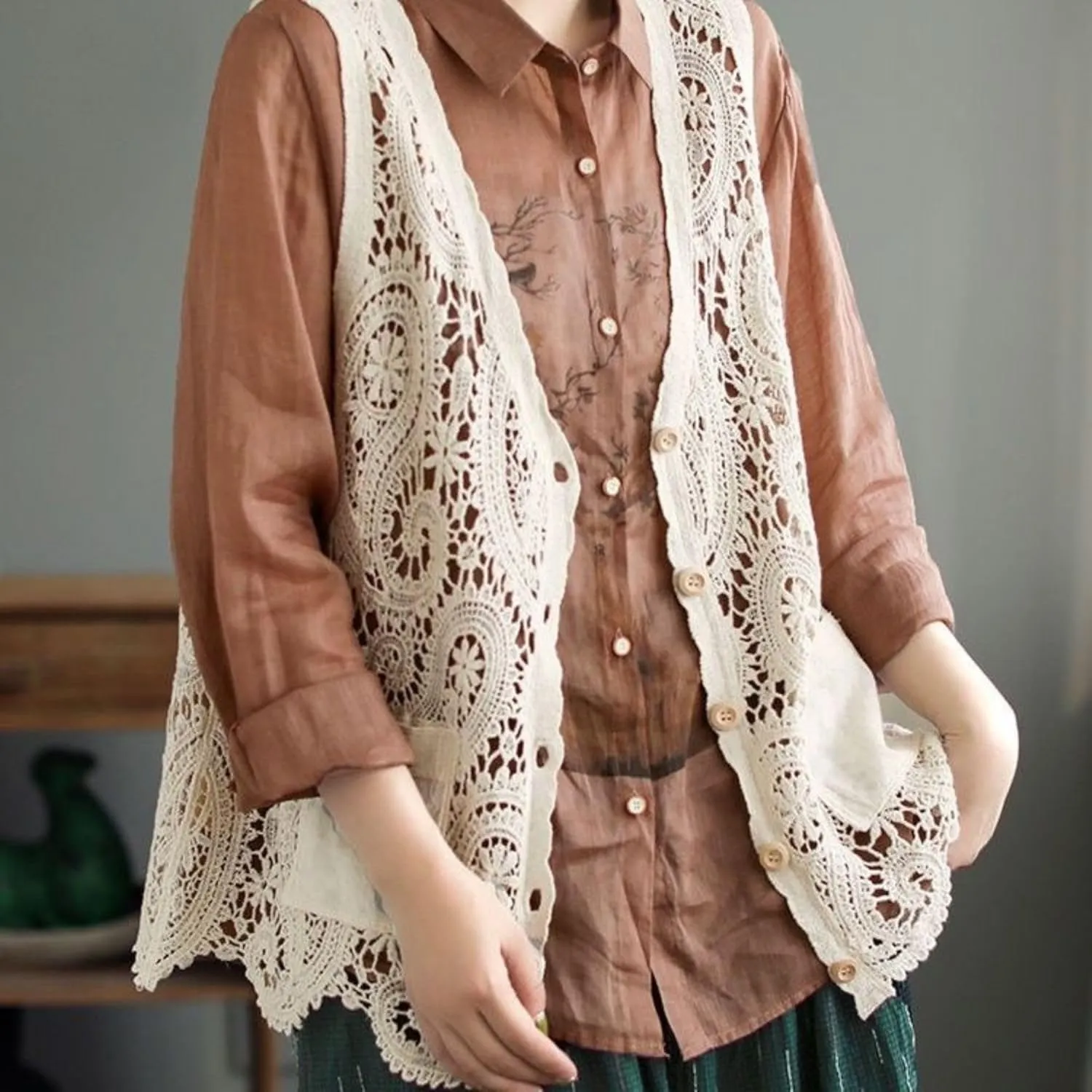 FindThy Womens Hollow Out Crochet Vest Button Up V Neck Stitch Cardigan Boho Waistcoat Shrug