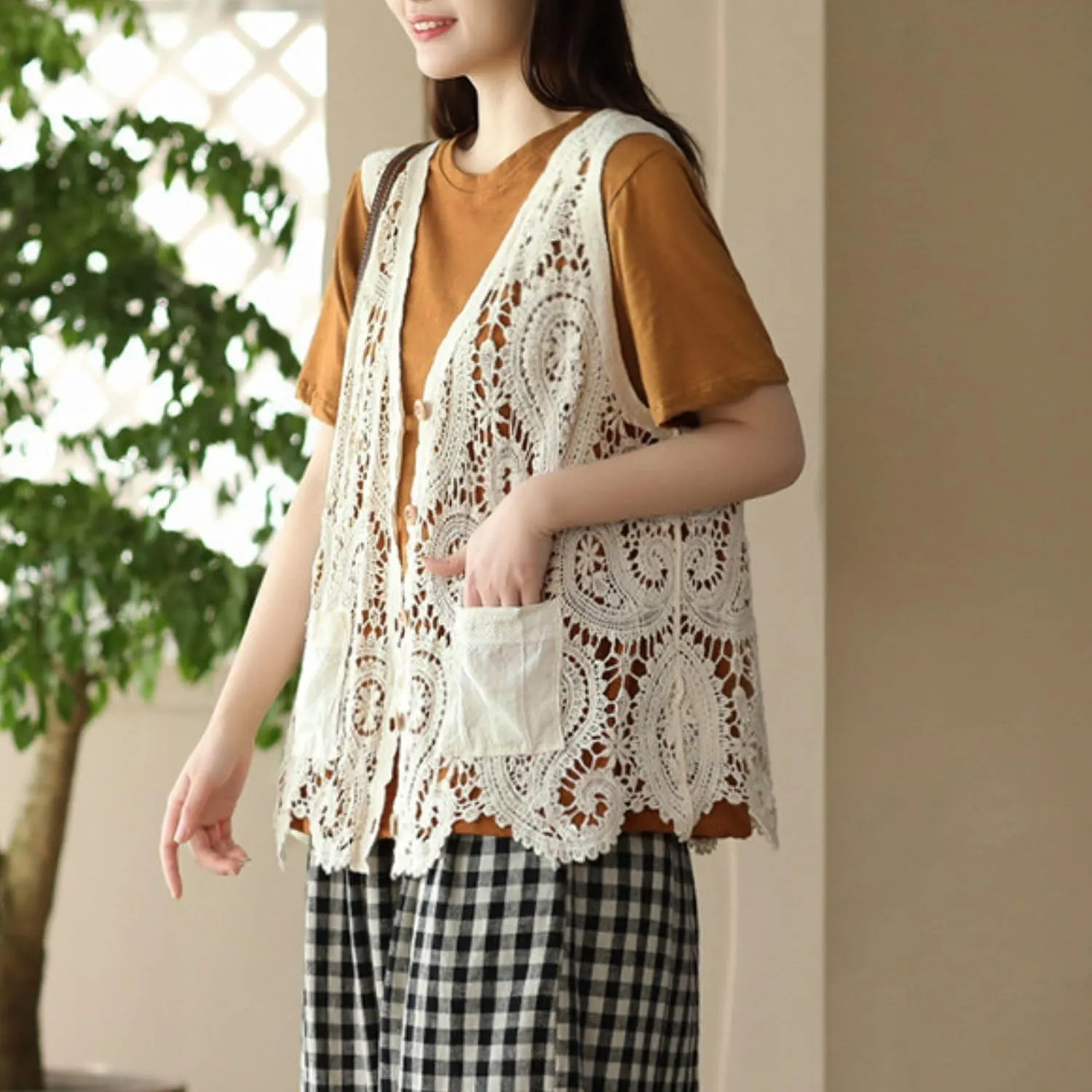 FindThy Womens Hollow Out Crochet Vest Button Up V Neck Stitch Cardigan Boho Waistcoat Shrug