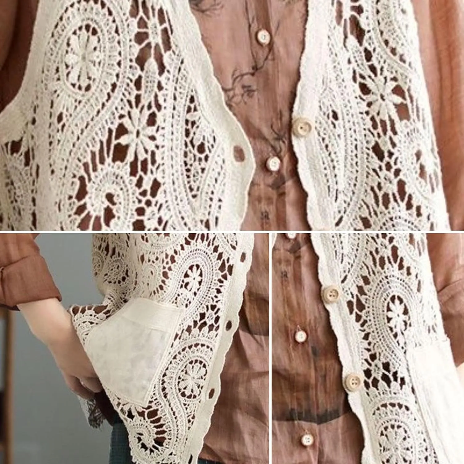 FindThy Womens Hollow Out Crochet Vest Button Up V Neck Stitch Cardigan Boho Waistcoat Shrug