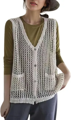FindThy Womens Hollow Out Crochet Vest Button Up V Neck Stitch Cardigan Boho Waistcoat Shrug