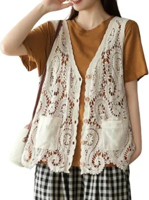 FindThy Womens Hollow Out Crochet Vest Button Up V Neck Stitch Cardigan Boho Waistcoat Shrug