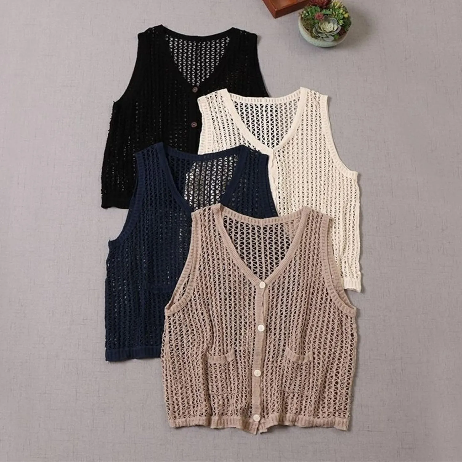 FindThy Womens Hollow Out Crochet Vest Button Up V Neck Stitch Cardigan Boho Waistcoat Shrug