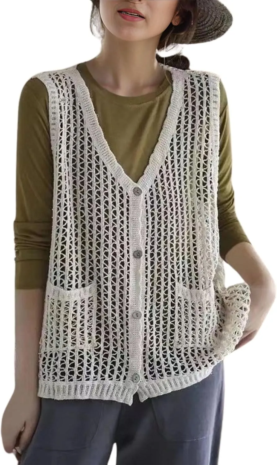 FindThy Womens Hollow Out Crochet Vest Button Up V Neck Stitch Cardigan Boho Waistcoat Shrug