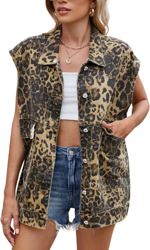FindThy Womens Oversized Denim Vest Leopard Print Mid Long Jean Vest Button Down Waistcoat Gilet